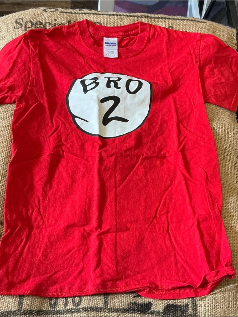 Gildan Red Short-Sleeve Tee with White & Black 'BRO 2' Graphic Size S